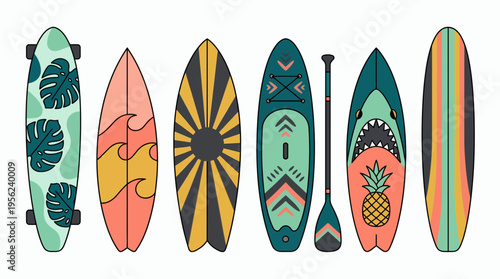 Collection of colorful surfboard icons with monstera leaves waves and shark patterns on white background, concept for summer vacation graphics, beach apparel and surfing brand identity