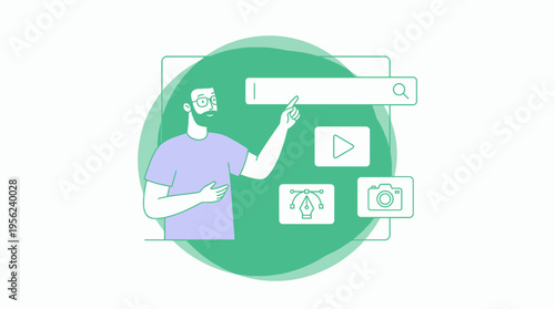 Creative content creator with glasses pointing at search bar and media icons like video, vector and camera tools on green background, concept for digital marketing, multimedia design and seo