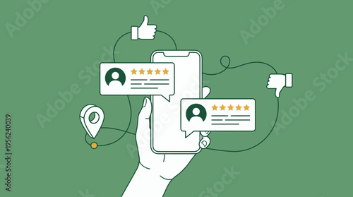 Illustration of marketing manager's hand holding smartphone with five star rating reviews and customer feedback bubbles, concept for digital marketing, brand reputation and user experience