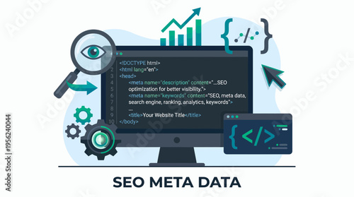 Computer monitor showing HTML meta tags with magnifying glass, gears and growth charts on blue background, concept for search engine optimization, digital marketing and web development