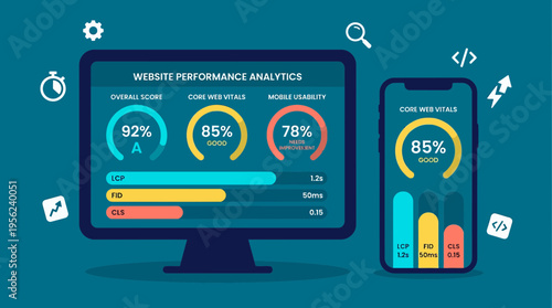 Dashboard showing website performance analytics with core web vitals metrics on desktop monitor and smartphone screens, concept for seo optimization, site auditing and digital marketing
