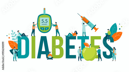 Medical consultants and healthcare managers assisting patients around large diabetes text with glucose meter and apple, concept for medical awareness, corporate health and pharmaceutical ads