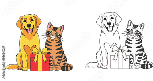 Golden Retriever Dog and Tabby Cat Sitting Next to a Gift Box, Color and Black and White Line Art Illustration, Set of Cute Pets for Birthday or Holiday Coloring Book Page