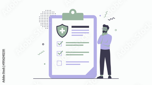 Thoughtful insurance broker looking at large medical clipboard with health shield and check boxes, concept for health insurance, medical coverage and professional policy management