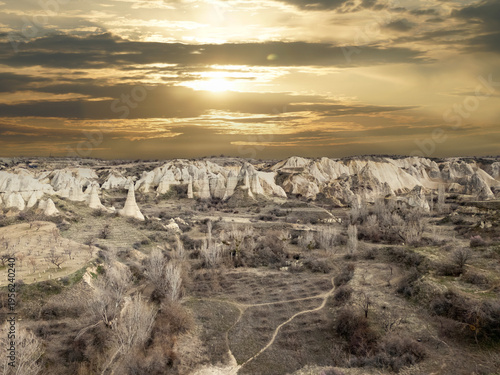 Sunset over fairy chimneys in Cappadocia, Nevsehir, Turkiye