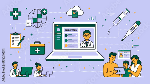 Physicians and specialists using interactive EHR system on laptop with family viewing digital health records and icons, concept for telemedicine, patient data and healthcare management