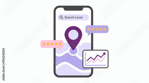 Smartphone displaying local search map with navigation pin and customer star ratings beside a growth chart, concept for local business optimization, digital marketing strategy and analytics tracking