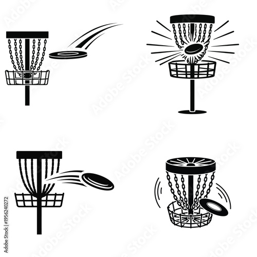 Disc Golf Basket and Flying Disc Icons Set Minimal Black Vector Illustration