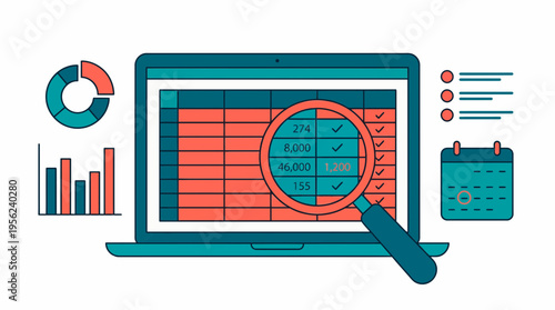 Laptop screen displaying spreadsheet data with a magnifying glass tool, bar graphs, pie charts and calendar icon on white background, concept for financial auditing, tax management and reporting