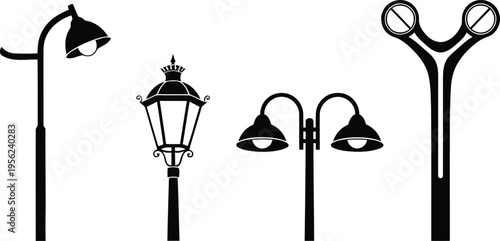 Collection of Four Distinct Black and White Silhouette Street Lamp Designs