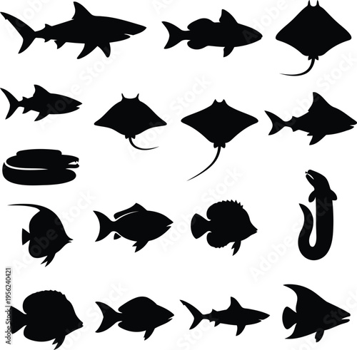 A comprehensive collection of diverse marine life silhouettes featuring various fish, sharks, and rays, ideal for graphic design projects and educational materials