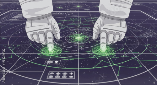 Astronaut Hands Interacting with Virtual Interface.