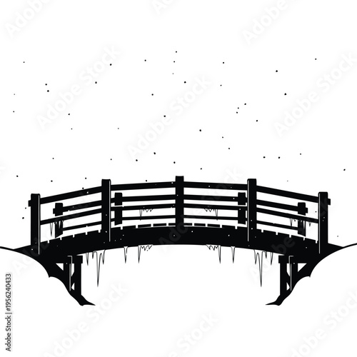 Peaceful winter bridge illustration with snow and icicles, a tranquil scene of a cold season landscape, evoking quiet solitude and serene beauty in a minimalist graphic style