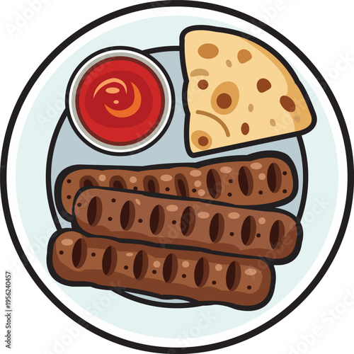 Bulgarian Kebapche Plate With Grilled Sausage Bread and Tomato Sauce Illustration