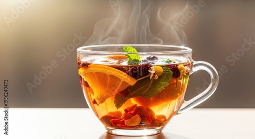 Vibrant, bright herbal tea infusion in a clear glass cup, perfectly illuminated by natural light. Refreshing and flavorful drink, hot, floral, liquid