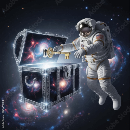 Astronaut Holding Key to Treasure Chest.