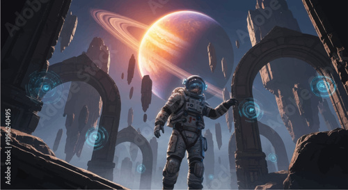 Astronaut in Space Suit Exploring Alien Planet.