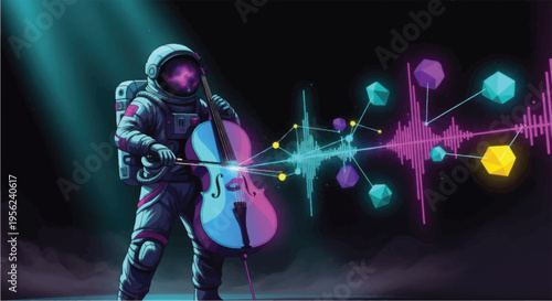 Astronaut Playing Guitar in Space Scene.