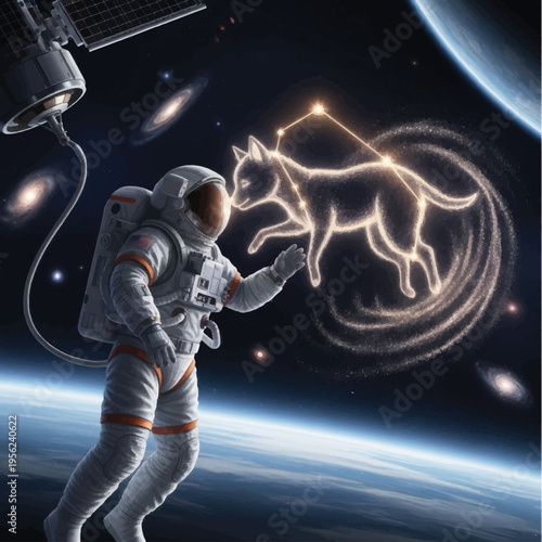 Astronaut Reaching for Glowing Dog in Space.
