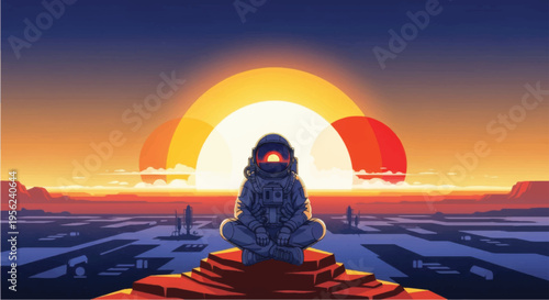 Astronaut Sitting on Planetary Surface at Sunset.