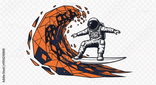 Astronaut Surfing on Wave with Orange Splash.
