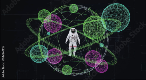 Astronaut Surrounded by Neon Atom Structure.