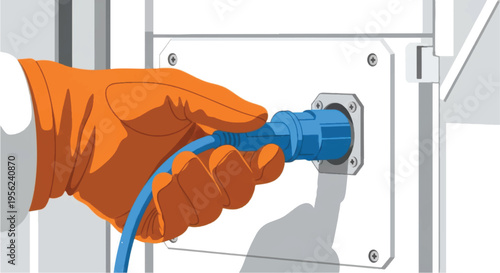 Hand in orange glove holding electric cable.