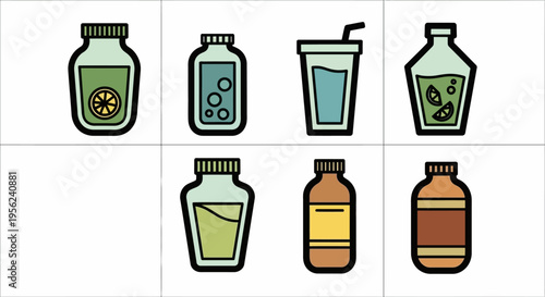 Collection of various beverage bottles and cups with different contents in a flat design.