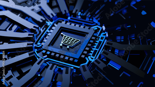 A digital shopping cart icon embedded within a complex microchip circuit