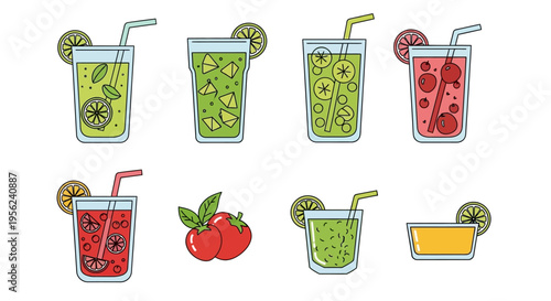 Colorful vector illustration of various refreshing summer drinks with fruits and straws.
