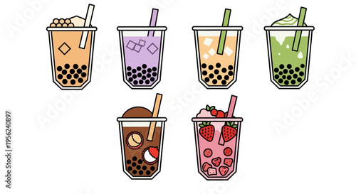 Colorful bubble tea drinks with different flavors and toppings in a vector illustration.