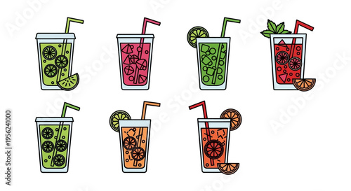 Colorful and refreshing fruit juice cocktails with straws and lime slices, vector illustration.
