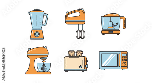 Collection of kitchen appliances including blender, mixer, toaster, and microwave oven.