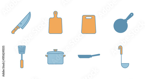 Collection of kitchen utensils and tools isolated on white background.