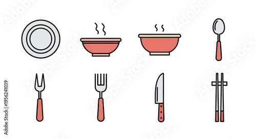 Set of vector illustrations of kitchen utensils and tableware on white background.