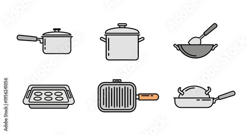 Collection of various kitchen cooking utensils and cookware in a flat design.