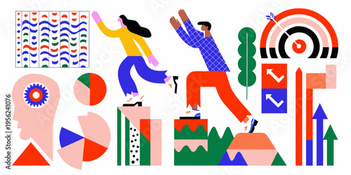 Stylized illustration of people reaching for a colorful rainbow and abstract shapes