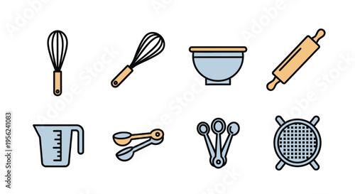 Collection of baking tools and utensils isolated on white background.