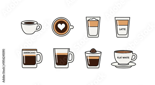 Various coffee drinks in cups and glasses, flat design illustration set.