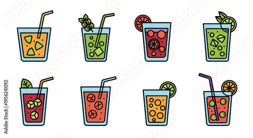 Colorful vector illustration of various refreshing summer cocktails and drinks.
