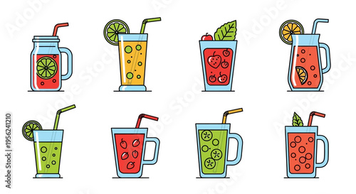 Colorful vector illustration of various refreshing summer drinks with straws and fruit slices.
