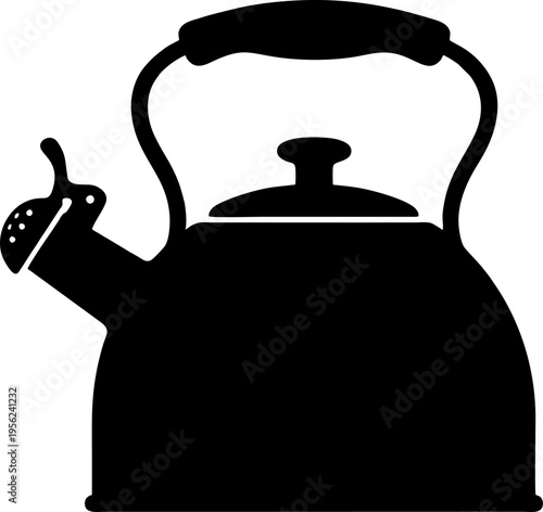 Retro whistling tea kettle silhouette with vintage stovetop design. Old fashioned kitchen utensil vector for nostalgic home decor and cafe icons