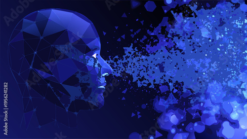 Abstract polygonal head dissolving into digital particles futuristic blue tones