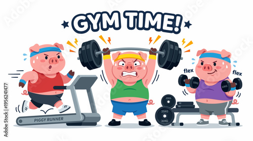 Cute pigs working out at the gym, lifting weights and running on treadmills with a positive and energetic vibe