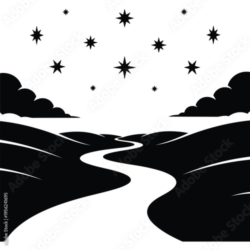 A serene landscape illustration depicting a winding river flowing through rolling hills under a star-filled night sky