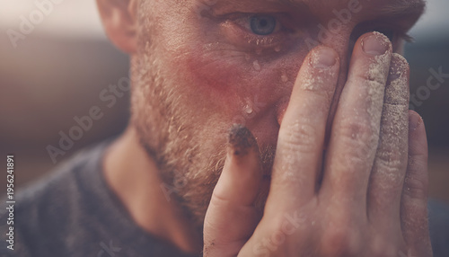 Close Up of Hand Wiping Tear from Face Showing Raw Human Emotion in Crisis