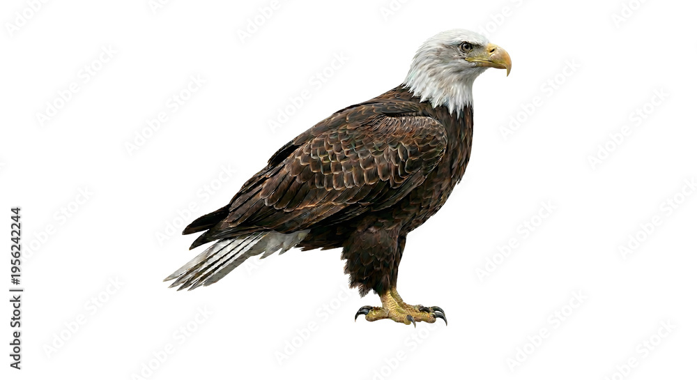 Obraz premium Majestic bald eagle standing isolated on white background, realistic wild bird photography, powerful eagle with sharp beak and claws
