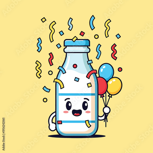 Cartoon milk bottle with happy face.