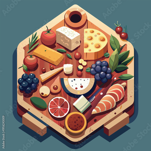 Assorted cheeses. fruits. and other delicacies arranged on a wooden board.