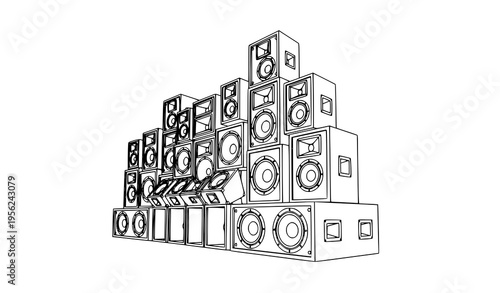 Dynamic sound system speaker setup with angled cabinets and detailed audio equipment vector isolated on white